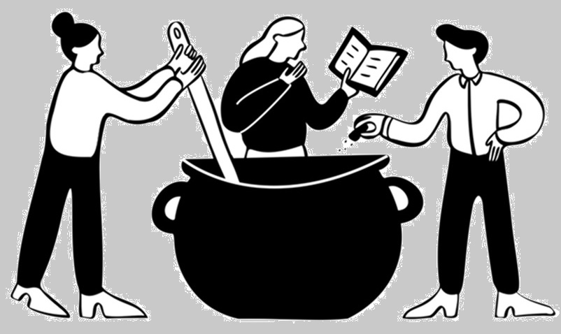 People cooking with a large cauldron
